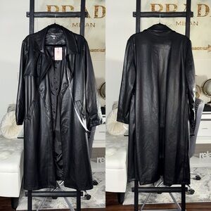 Missguided Black Faux Leather Trench Coat Long PU Duster Jacket Womens US 10 NWT
